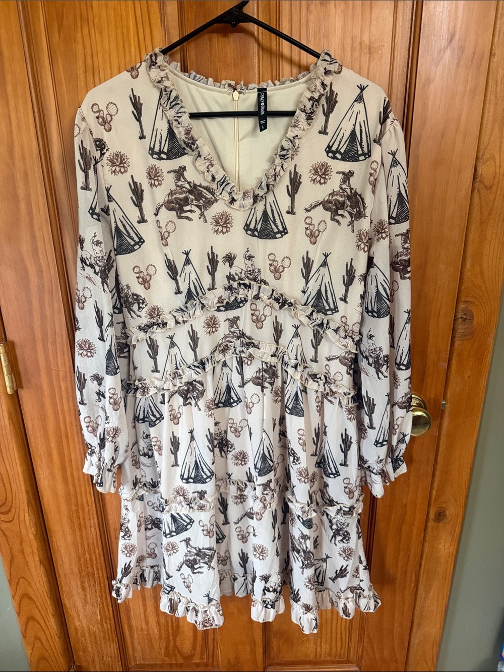 Boho Western Print Ruffle Dress in Cream and Brown